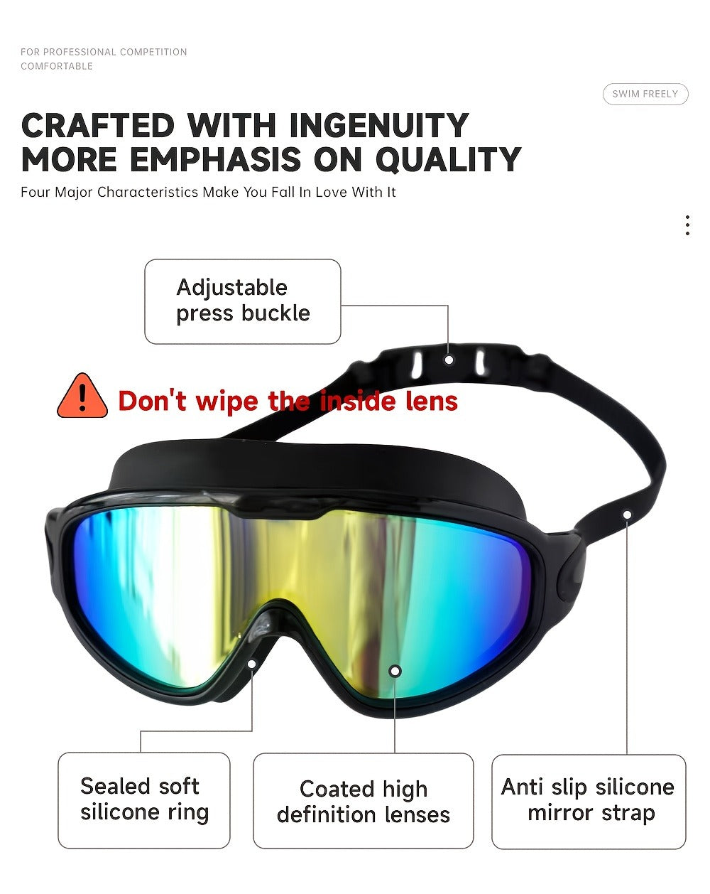 Swimming Goggles Set 6-in-1 with Case & Waterproof Bag – UV Protection Iridescent Coated PC Lens, Silicone Strap, PU Swim Cap
