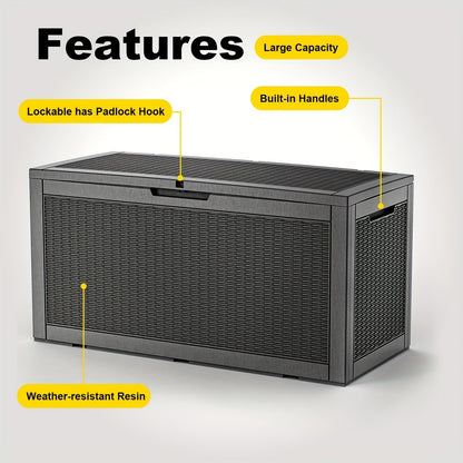 100-Gallon Rattan-Style Outdoor Deck Box with Lockable Lid, Lift Supports and Black Finish