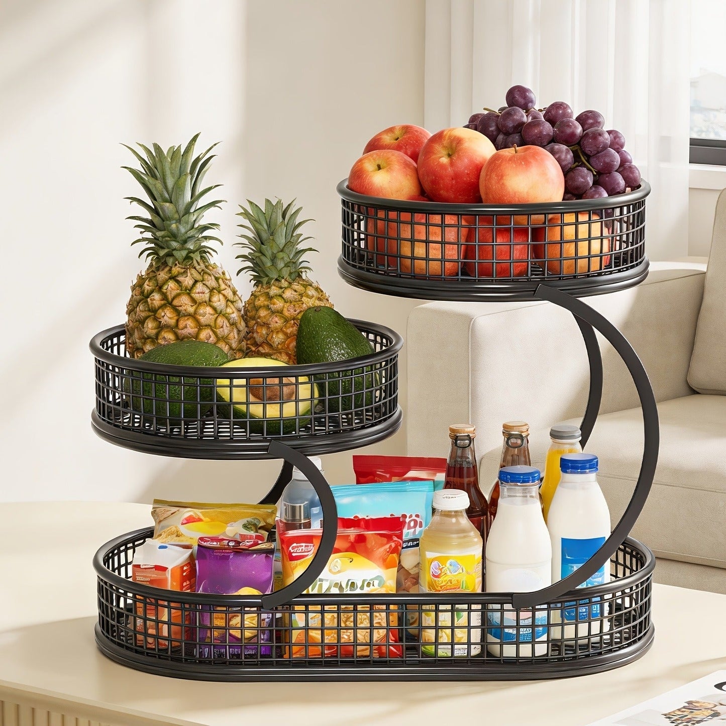 Three-Level Black Wire Fruit Basket with Two Round Bowls and 15.75-Inch Rectangular Base Tray