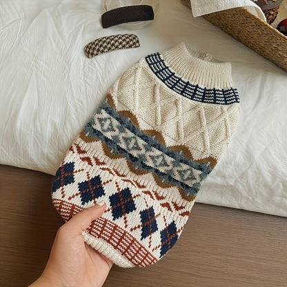 Cable Knit Dog Sweater Turtleneck – Thick Warm Winter Pet Pullover with Fair Isle Pattern, Cozy Cold Weather Knitwear