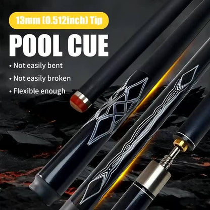 57-Inch Carbon Fiber Pool Cue with 13mm Tip, Two-Piece Black Patterned Design and Metal Joint
