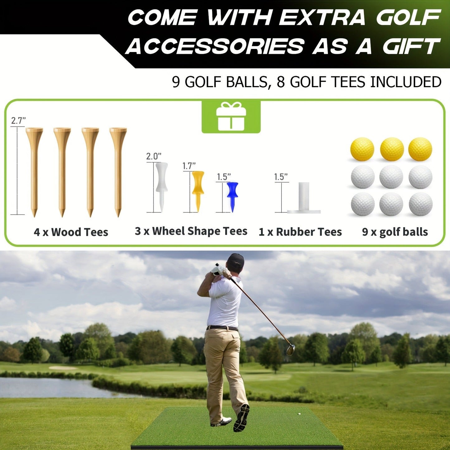 Golf Hitting Mat with Artificial Turf & Non-Slip EVA Base, Indoor Outdoor Golf Practice Mat Set with 9 Golf Balls 8 Tees & Rubber Tee