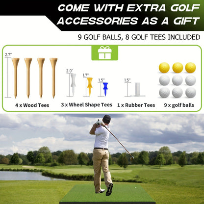 Golf Hitting Mat with Artificial Turf & Non-Slip EVA Base, Indoor Outdoor Golf Practice Mat Set with 9 Golf Balls 8 Tees & Rubber Tee