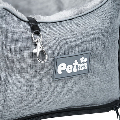 Open-Top Pet Carrier Car Seat Tote with Padded Rim, Attachment Straps, Interior Clip and Grey Fabric Exterior