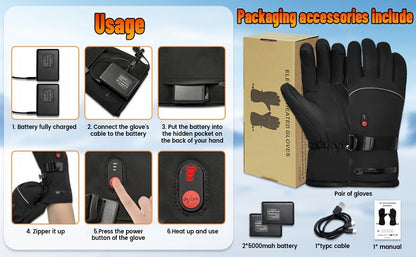 Rechargeable Full-Finger Heated Gloves with 2 × 5000mAh Battery Packs, Three Heat Levels and Touchscreen Fingertips