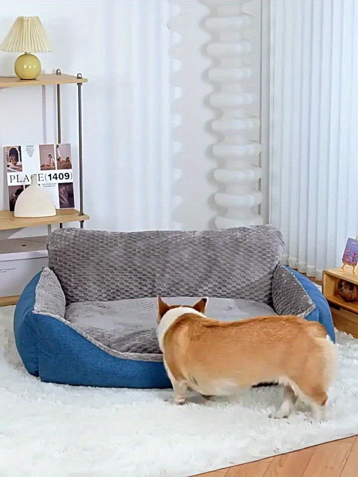Blue-Gray Dog Bed Couch with Raised Back and Side Bolsters in Four Sizes, Plus One Random Cat Teaser