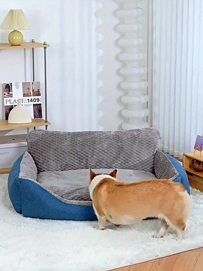 Blue-Gray Dog Bed Couch with Raised Back and Side Bolsters in Four Sizes, Plus One Random Cat Teaser
