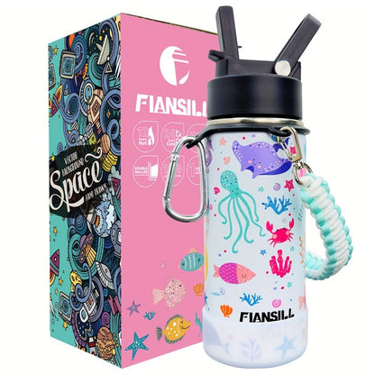 FIANSILL 16oz Stainless Steel Water Bottle with Flip-Up Straw Lid, Wrist Strap, Carabiner and Eight Prints