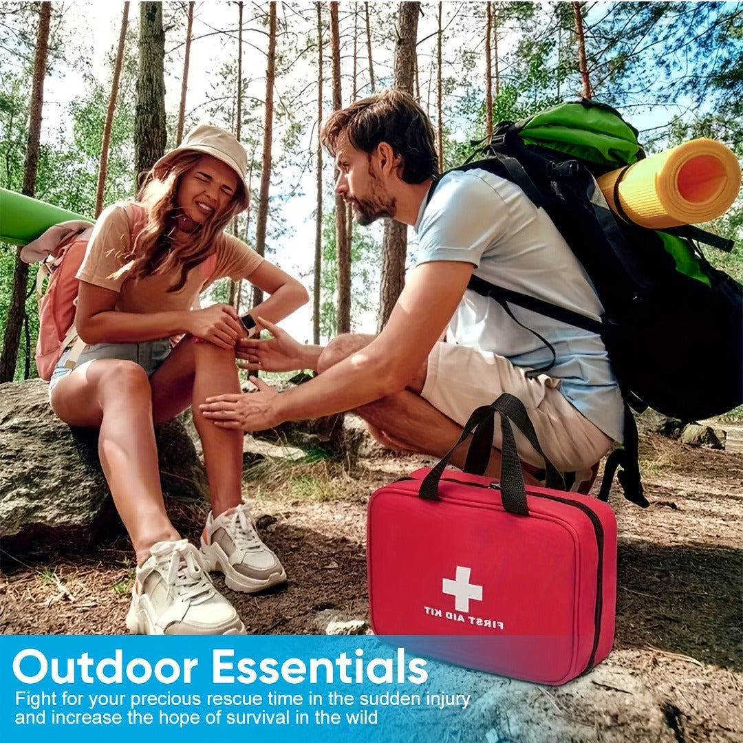 338-Piece First Aid Supply Kit in Red Handled Zipper Bag with Organized Interior Compartments