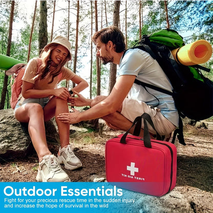 338-Piece First Aid Supply Kit in Red Handled Zipper Bag with Organized Interior Compartments
