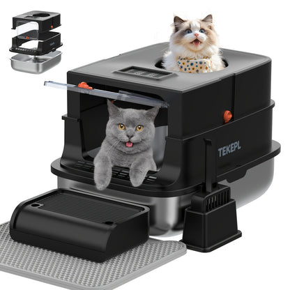 Stainless Steel Cat Litter Box with Lid – Extra Large 68L Enclosed & Semi-Open Modular System, 304 Steel Non-Stick Easy Clean