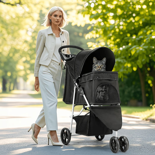 3-Wheel Pet Stroller for Small & Medium Dogs Cats – Foldable Jogger Stroller with Weather Cover, Storage Basket & Cup Holder