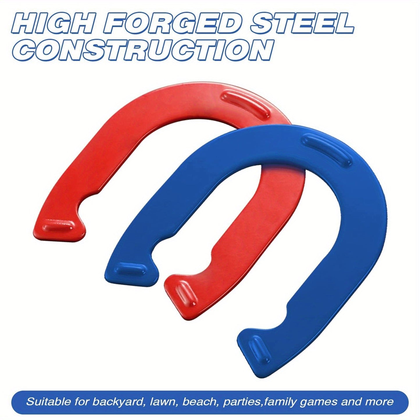 Horseshoes Game Set Heavy Duty – 4 Forged Steel Horse Shoes & 2 Stakes, 1.2lb Each, Red & Blue – Outdoor Lawn Game for Adults & Family