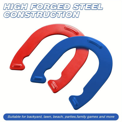 Horseshoes Game Set Heavy Duty – 4 Forged Steel Horse Shoes & 2 Stakes, 1.2lb Each, Red & Blue – Outdoor Lawn Game for Adults & Family