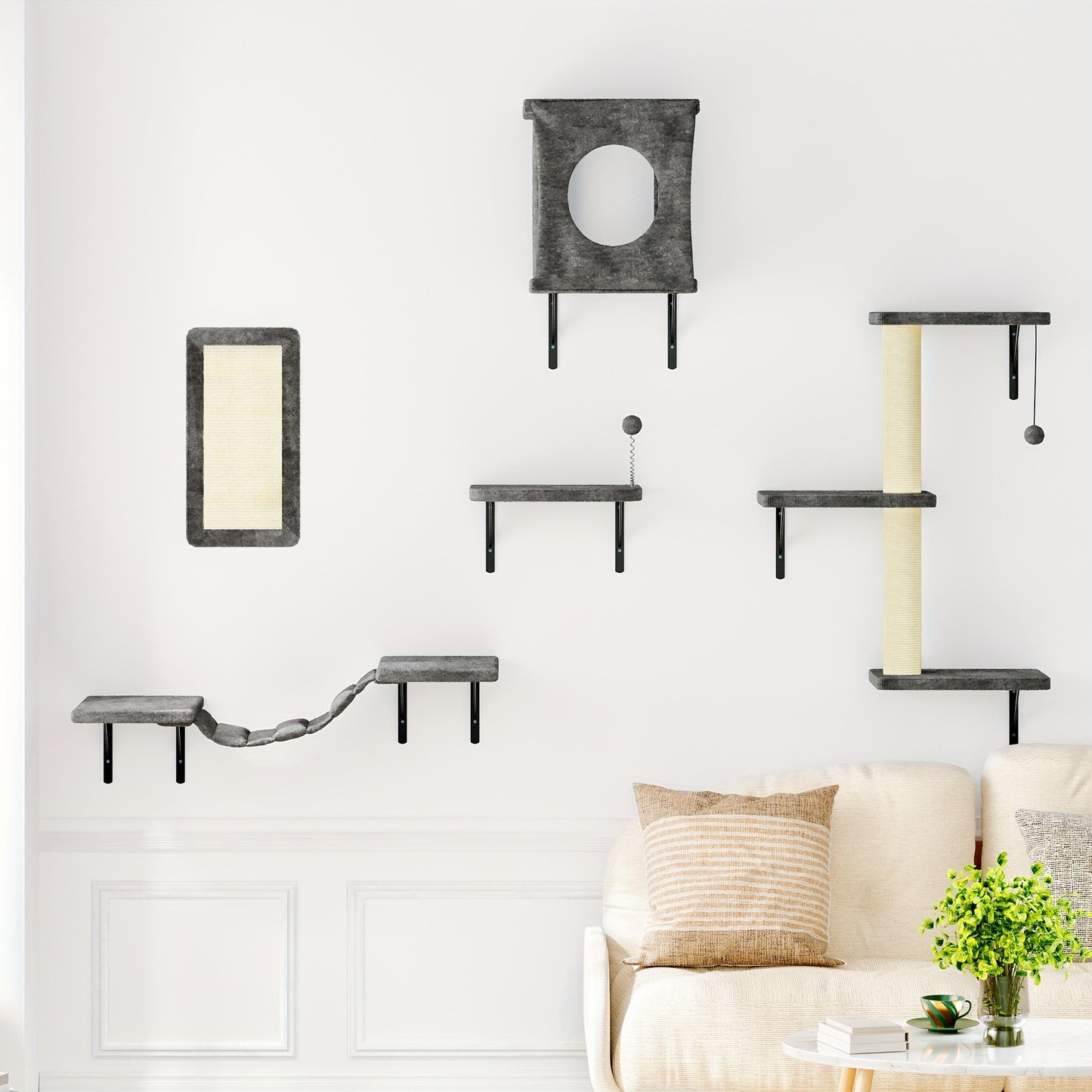 Cat Wall Shelves 5-Piece Set – Wall-Mounted Cat Furniture with Floating Perch, Cat Climber, Bridge & Cat Bed