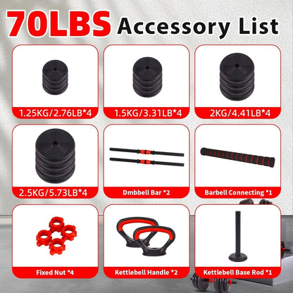Adjustable Dumbbell and Barbell Weight Set with 20-, 30-, 70- or 90-Pound Pair Options and Kettlebell Handles