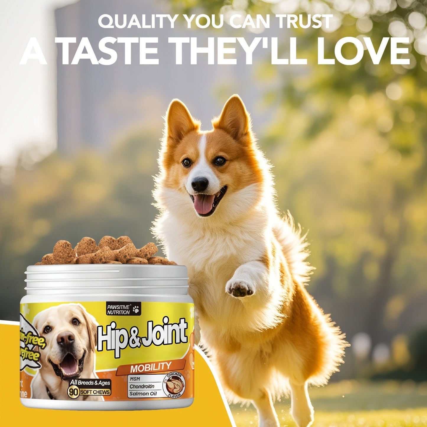 Dog Hip and Joint Soft Chews with Glucosamine, Chondroitin, MSM and Salmon Oil, 90 Count per Bottle