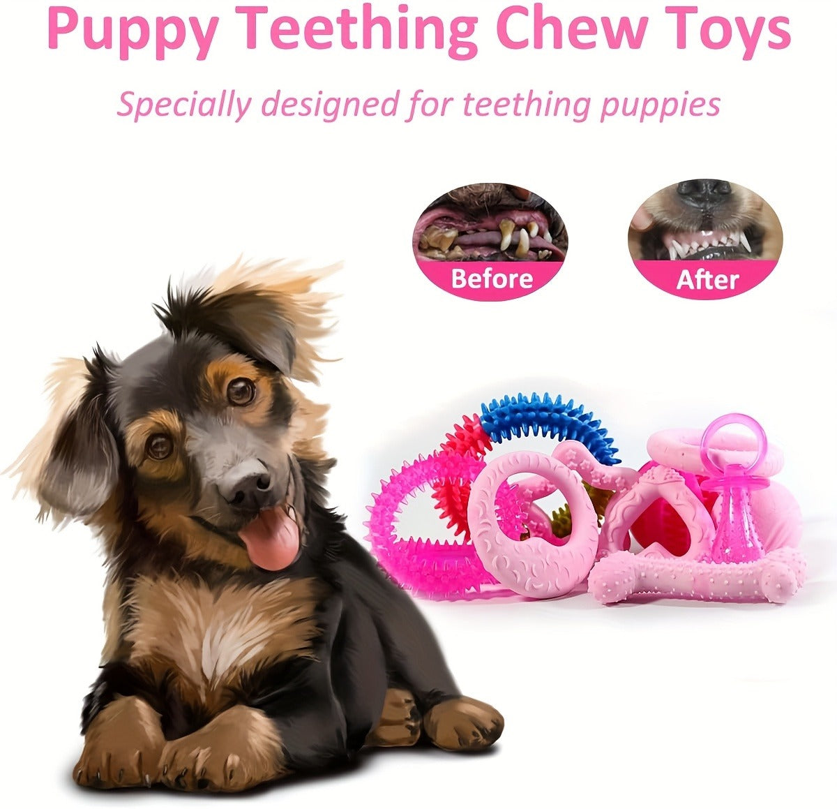 Puppy Teething Chew Toys Pink Bundle 5 or 8 Pack Soft Dog Toothbrush Toy & Interactive Chew Balls for Small Dogs