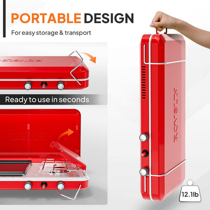 Portable Propane Griddle and Burner Camping Stove with Four Color Labels and 23.23-Inch Closed Width