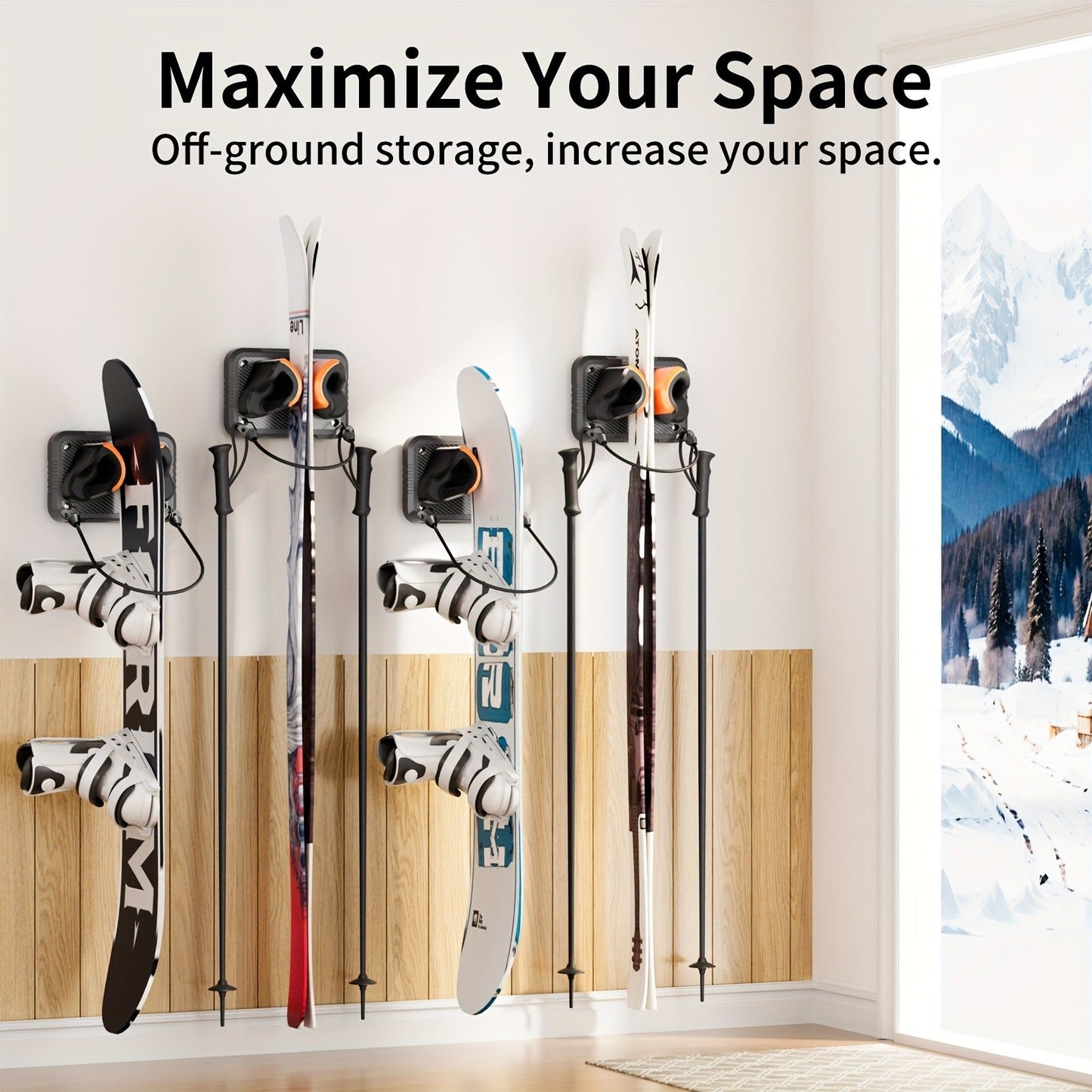 Wall-Mounted Ski & Sports Equipment Storage Rack – Heavy Duty Garage Organizer Hook Set, Holds Up to 100 lbs