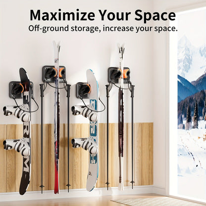Wall-Mounted Ski & Sports Equipment Storage Rack – Heavy Duty Garage Organizer Hook Set, Holds Up to 100 lbs