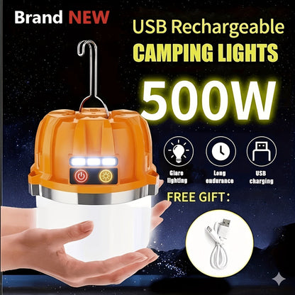 Orange Hanging Camping Lantern with Three Brightness Settings, Type-C Charging Port and Integrated Hook