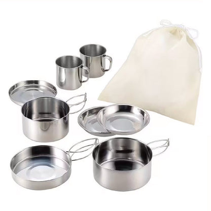 Camping Tableware Set 8 Piece Stainless Steel – Portable Outdoor Dining Set with Foldable Handle Plates, Cups & Utensils | Lightweight