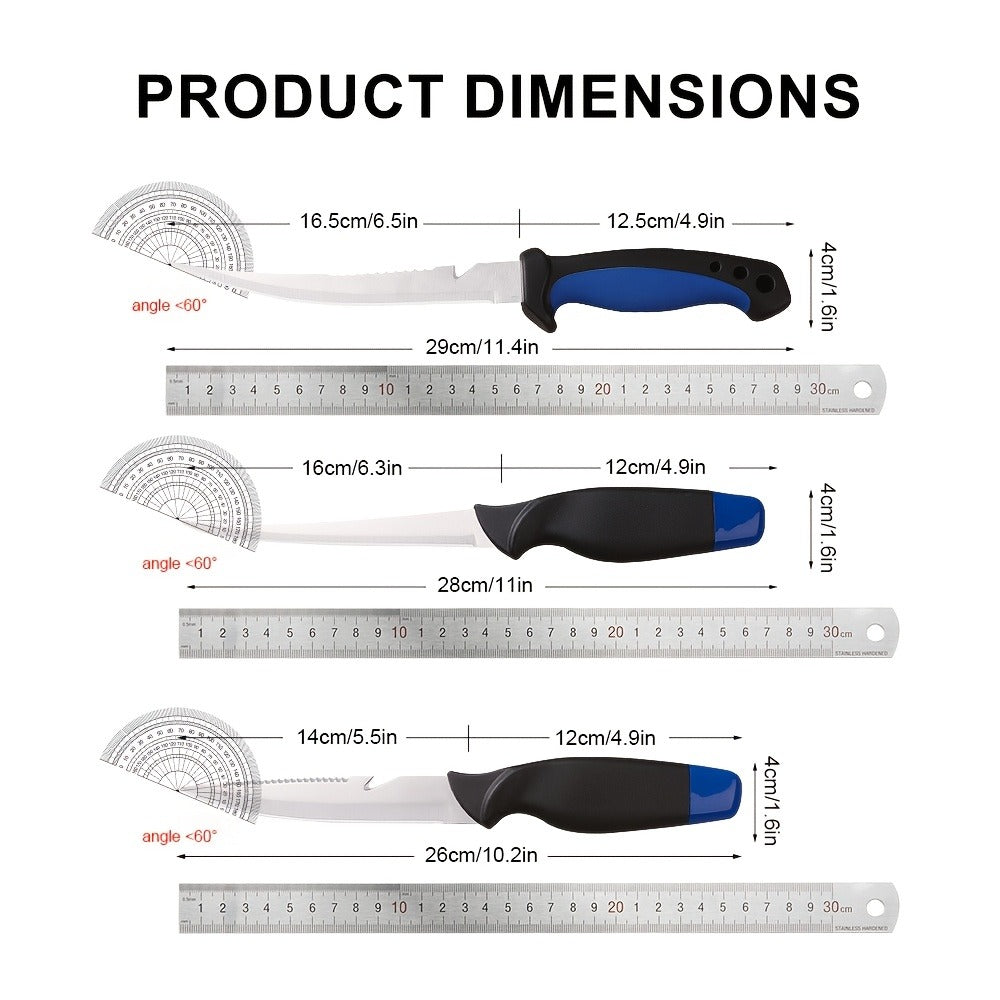 Fishing Knife Set 3-Piece Stainless Steel Fillet Boning Knife with Cut Resistant Gloves Fishing Line Cutter Stretch Rope for Fishing Camping