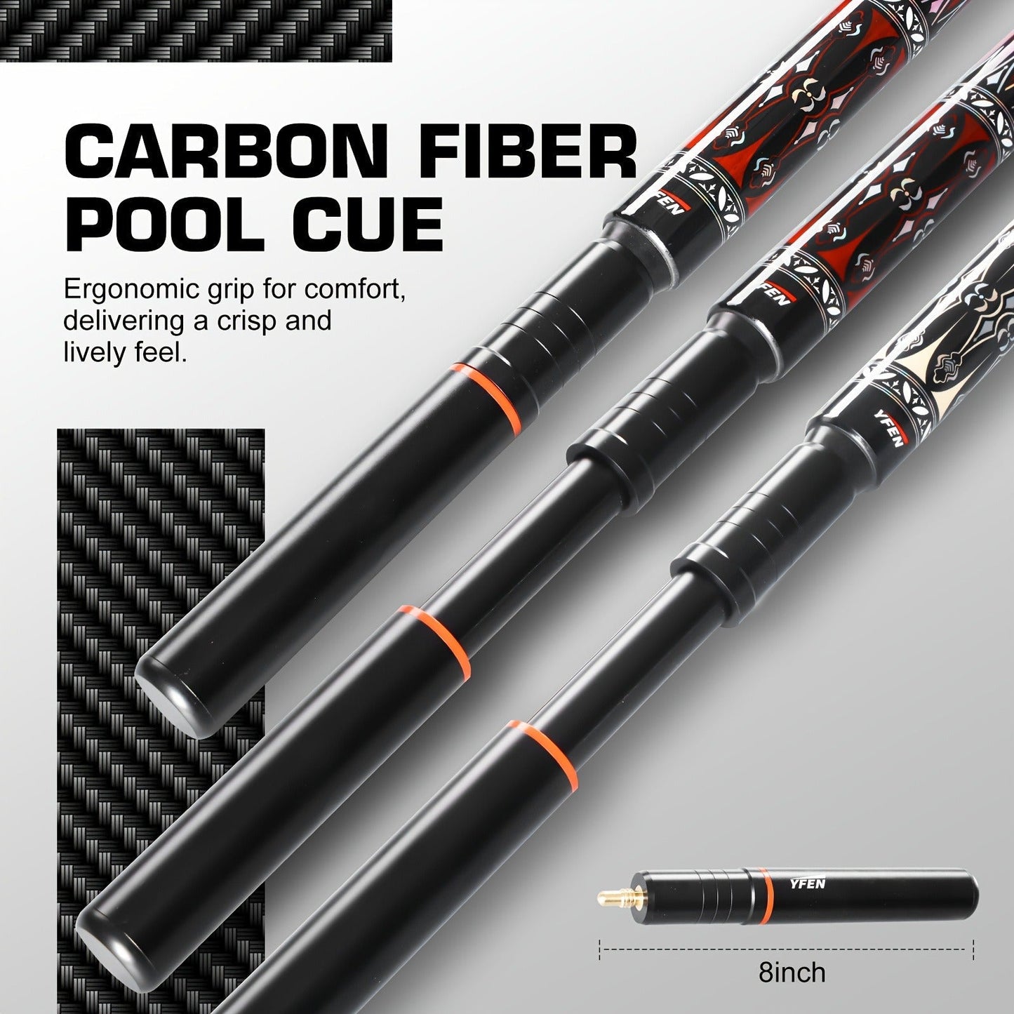 Carbon Fiber Pool Cue Stick Low Deflection Billiard Cue with 11.8mm 12.5mm Tip Pro-Taper Shaft Canadian Maple Butt Extension Compatible