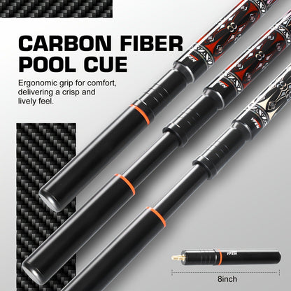 Carbon Fiber Pool Cue Stick Low Deflection Billiard Cue with 11.8mm 12.5mm Tip Pro-Taper Shaft Canadian Maple Butt Extension Compatible
