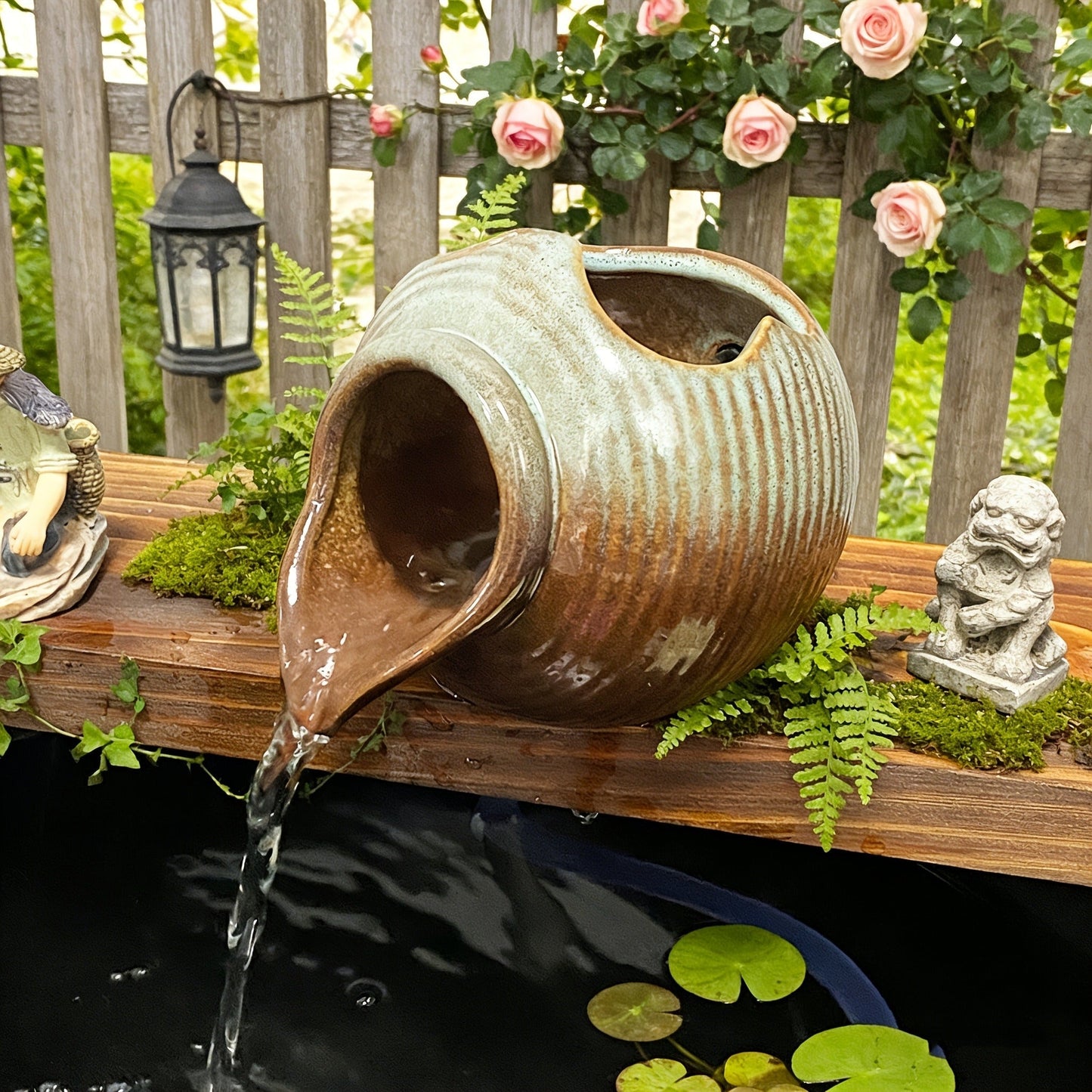 Ceramic Tabletop Fountain Mini Water Feature Ornament Retro Garden Style for Aquarium Fish Tank Indoor Outdoor Decor