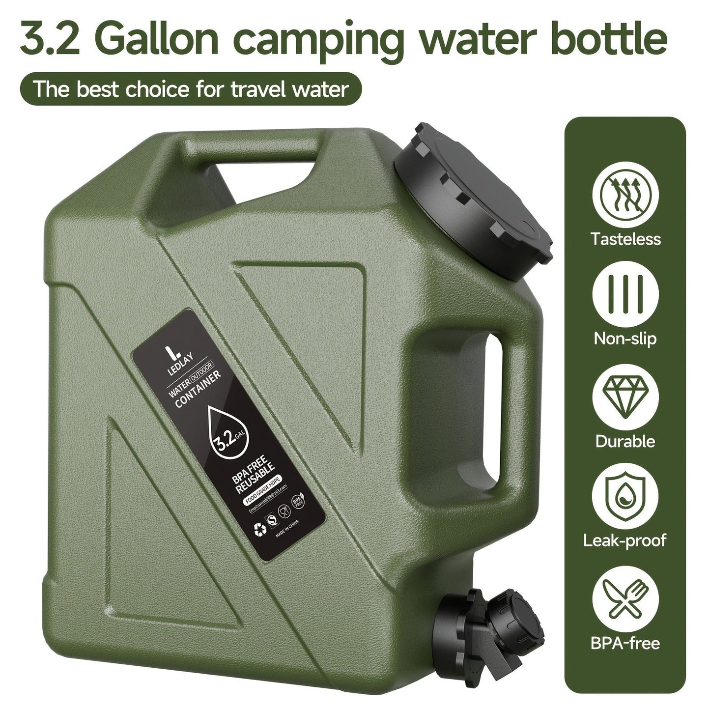 Collapsible Camping Water Storage Bucket 3.2 Gal Portable Water Tank with Faucet Dispenser Army Green Outdoor Emergency Water Container