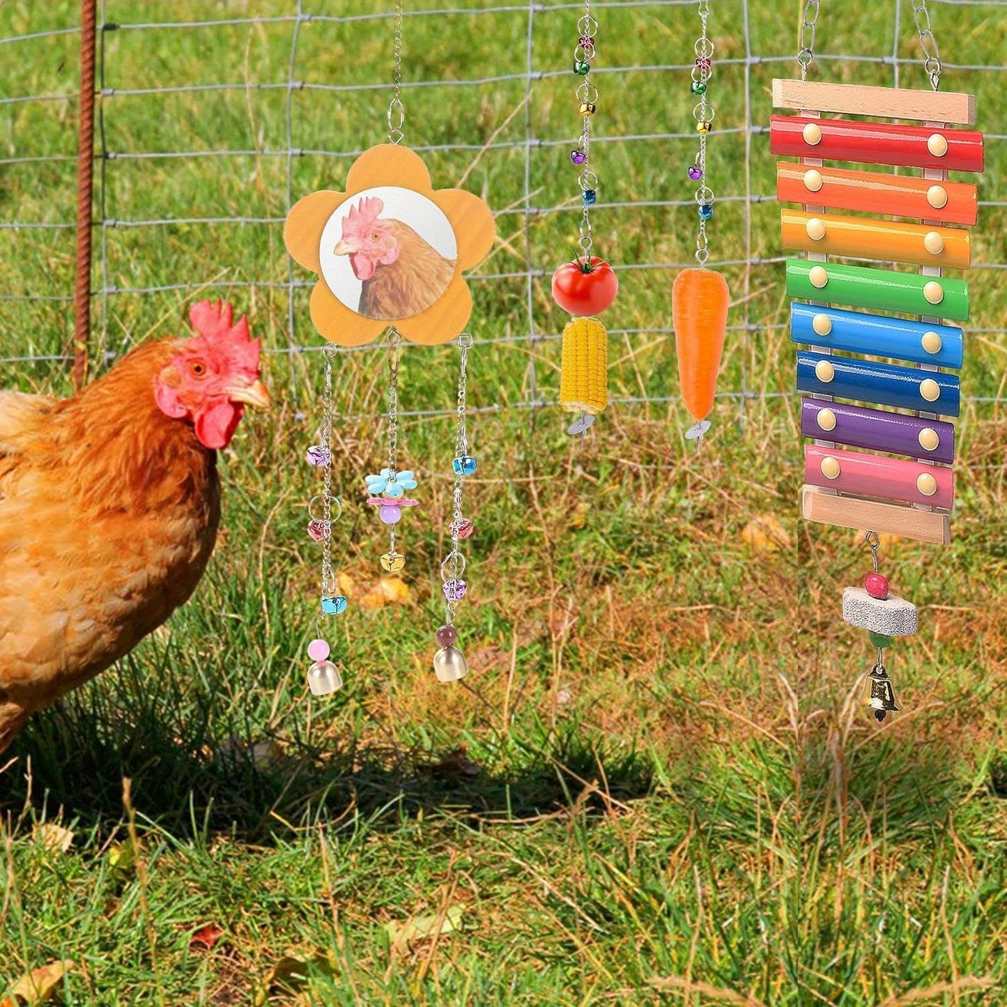 Chicken Coop Toys Set – Xylophone, Swing, Mirror, Step Ladder & Pecking Toys for Hens, Wood & Colorful Bead Enrichment Accessories