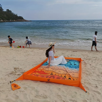 Sand-Wall Beach Mat with Four Stakes and Carry Bag, 140 x 220cm in Six Printed Styles for Outdoor Picnics