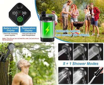Camping Shower Portable with Smart Digital Temperature Display, 6000mAh USB Rechargeable Battery, 6 Spray Modes for Outdoor Hiking Pet
