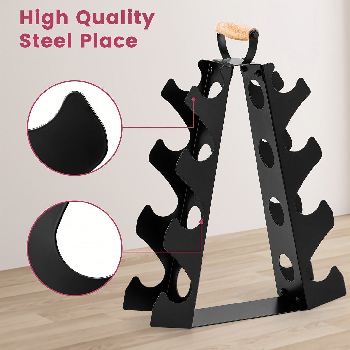 Weight Rack Stand 4-Tier A-Frame with Wooden Handle – Space-Saving Dumbbell Storage for Home Gym, Holds 5–15LB Hex & Rubber Dumbbells