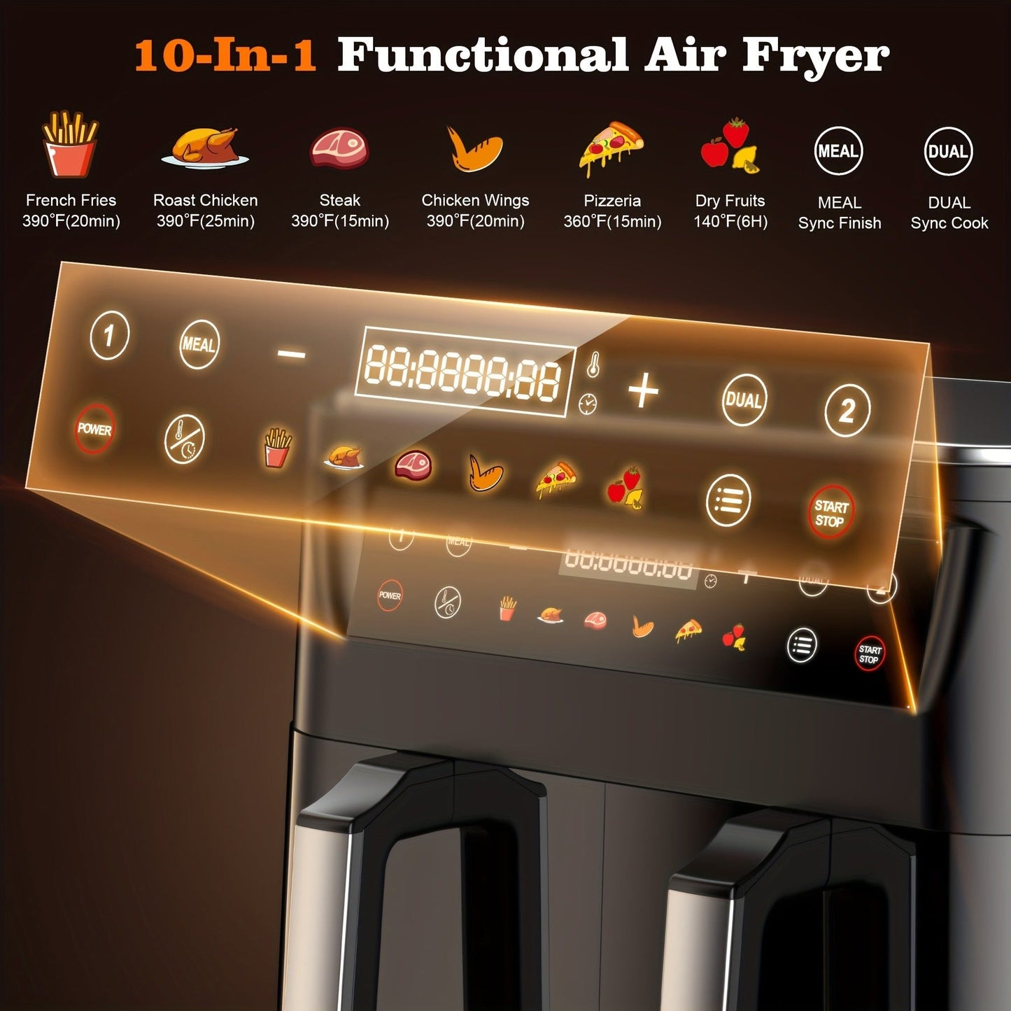 10Qt Dual-Basket Air Fryer with Two Viewing Windows, Sync Controls, Touch Panel and 50 Paper Liners