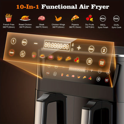 10Qt Dual-Basket Air Fryer with Two Viewing Windows, Sync Controls, Touch Panel and 50 Paper Liners