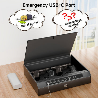 Biometric Gun Safe Fingerprint Digital PIN & Key Unlock 3-Way Access Internal Light Silent Mode Emergency Power Supply Gun Lock Box for Home