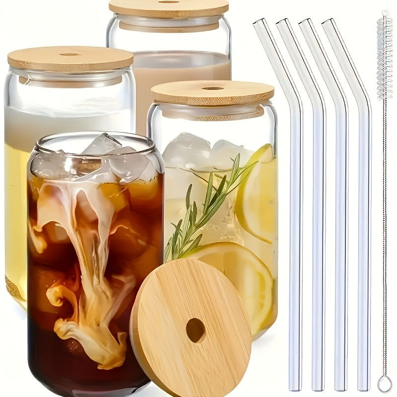 Drinking Glasses Set with Lid and Straw 550ml Oval Glass Cups 4 or 6 Piece, for Home Cooking, Dining and Outdoor Meals