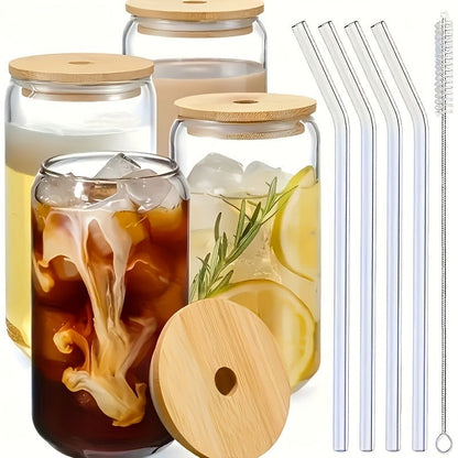Drinking Glasses Set with Lid and Straw 550ml Oval Glass Cups 4 or 6 Piece, for Home Cooking, Dining and Outdoor Meals