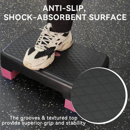 Aerobic Step Platform Adjustable Height with 2 Risers – Non-Slip Workout Stepper 18"x11", 440 LB Capacity