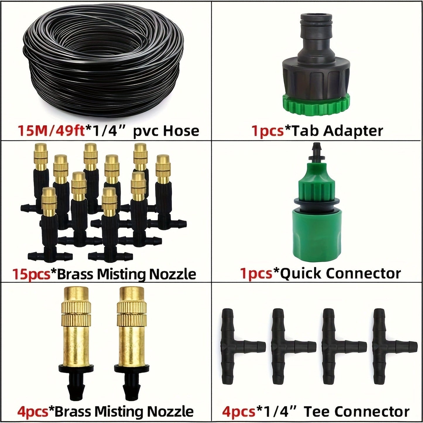 Outdoor Misting Cooling System 15m – 1/4" Brass Nozzles, 4/7mm Hose, Patio Garden Greenhouse