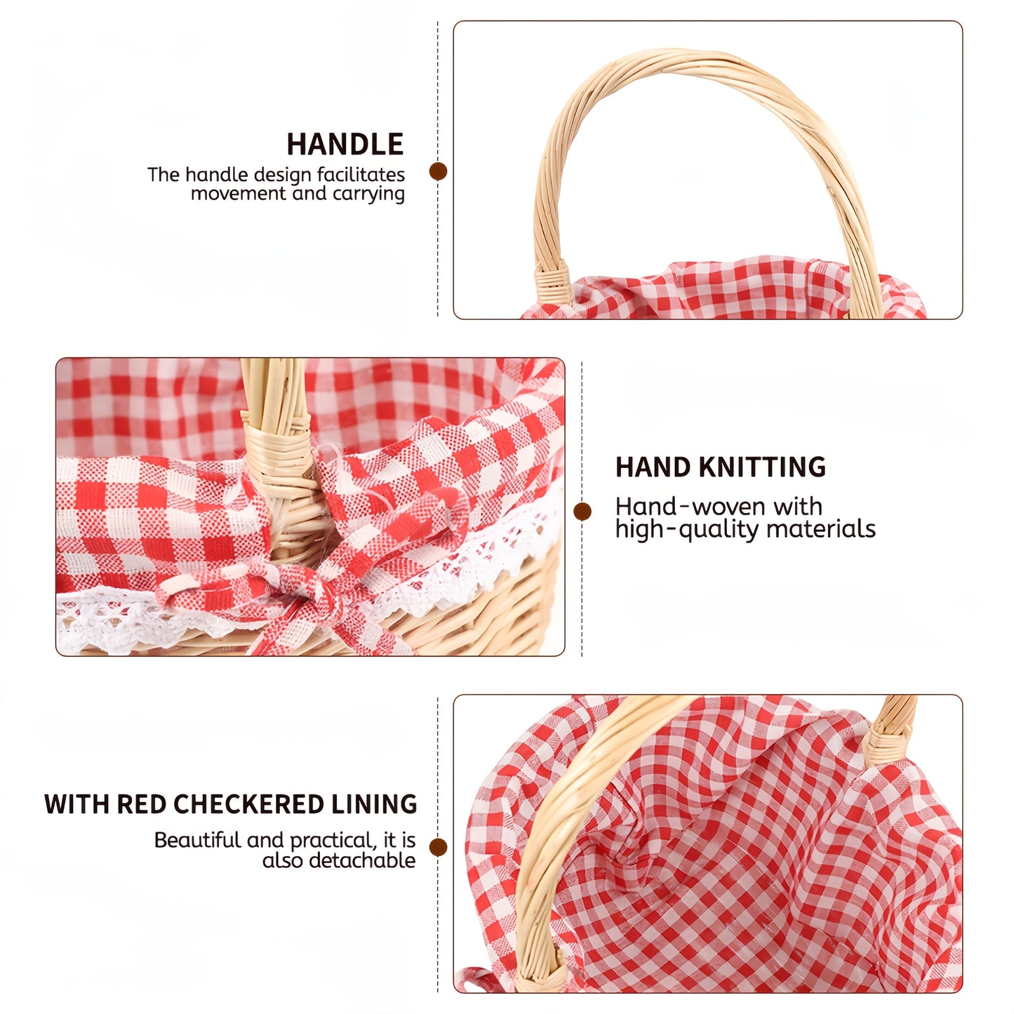 Large Wicker Picnic Basket with Split Lid, Central Carry Handle and Red Checkered Textile Lining