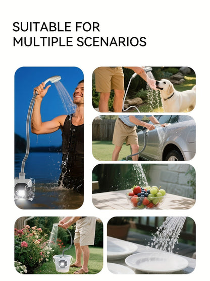 Portable Outdoor Shower with Light 2-in-1 – 2000mAh Rechargeable, Power Display, Spray Nozzle, Hose & Suction Cup – Camping, Hiking