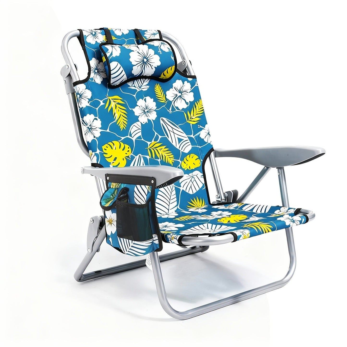 Folding Beach Chair Lay Flat Camping Chair for Adults 4 Position Adjustable Backpack Chair with Cup Holder Towel Bar Cooler Pouch