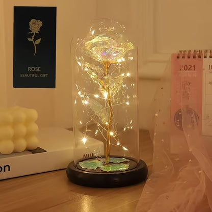 LED Rose Flower in Glass Dome, Eternal Foil Rose with LED Light, Romantic Valentine's Day Gift for Girlfriend