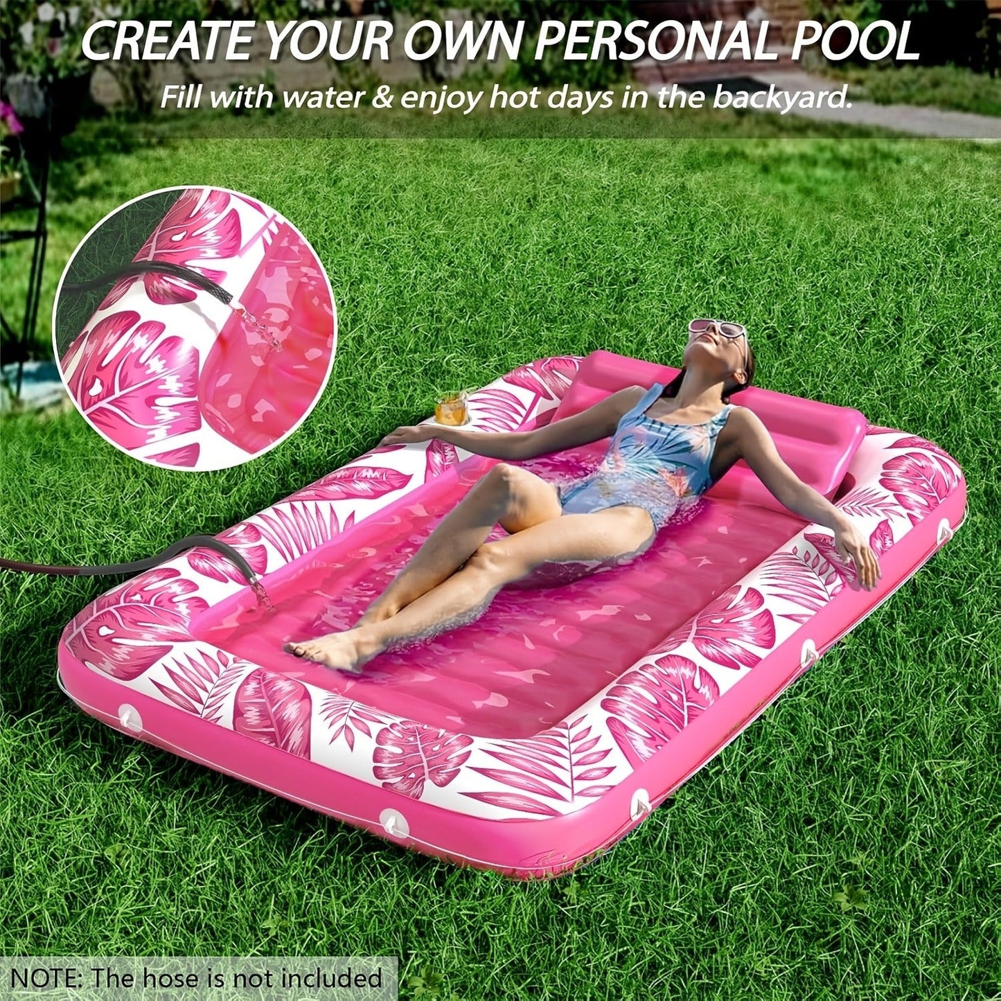 Tanning Pool Float 4-in-1, Inflatable Sunbathing Lounger with Detachable Pillow, Cup Holder & Wrap Rope