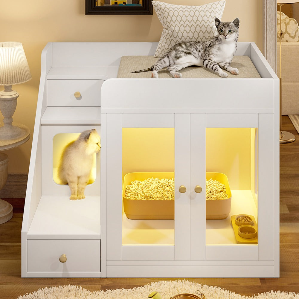 Cat Litter Box Enclosure Furniture Hidden Cabinet with LED Light & 2 Drawers – MDF Indoor Cat House Side Table with Acrylic Door