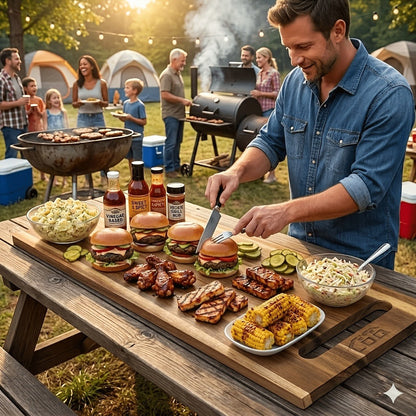 Extra-Long 36 x 11-Inch Wood-Color Charcuterie Board with Recessed Handles and Two Display Stands